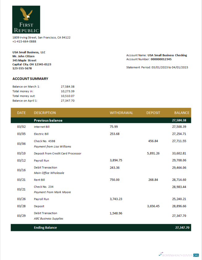 Download First Republic Bank enterprise statement Word and PDF template Photoshop template